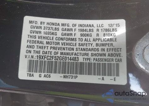 2016 Honda Civic Lx z USA, uszkodzony, nr VIN 19XFC2F52GE014483